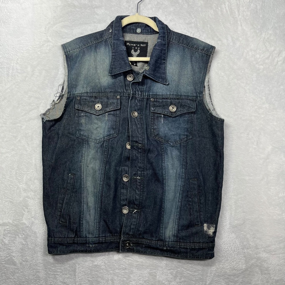 Hawks Bay USA Denim Vest Men's Blue Distressed Sleeveless Classic‎ Y2K - Medium